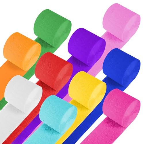 Crepe Paper, 10 Rolls Hanging Rainbow Streamers, Party Streamers Crepe Paper Rolls in 10 Colors for Birthday Decorations, Party Decorations, Wedding Decorations (3.5CMx10M/Roll)