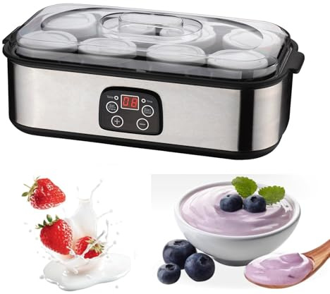 1400ml Electric Yogurt Maker with 8 Glass Jars, Yoghurt Maker Machine with Led Display, Adjustable Temp & Timer, 8x180ml Glass Containers for Making Natto Homemade Desserts