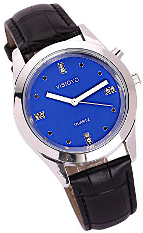 VISIONU Montre Parlante Analogique avec Alarme Annonce de l'heure et Date en Français pour Aveugle et Les Personnes Malvoyant, Cadran Bleu (Bracelet Cuir Noir TFSBL-2103F)