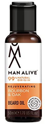 Beard Oil for men by Man Alive 99% Natural skincare 50ml with Oatmeal, Argan Oil, Jojoba Oil & Almond Oil, gifts for men softens facial hair mens gifts birthday gifts for him (Bourbon & Oak)