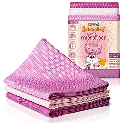 Swoopies® [3er Set Professionelle Mikrofasertücher | Langlebige Reinigungstücher mit nur Wasser Streifen/Fusselfrei | Ultra weiche & große Tücher für Küche, Bad, Fenster, Auto | 60x40cm | Rosa