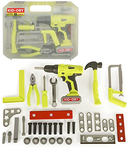 KID-OBY - Valise Outils 37 pcs très complète - Scie, Perceuse Electrique, Tournevis, Embouts, vis écrous... - Jouet Bricolage Enfant Réaliste - Jeu Imitation à partir de 3 Ans- 813093