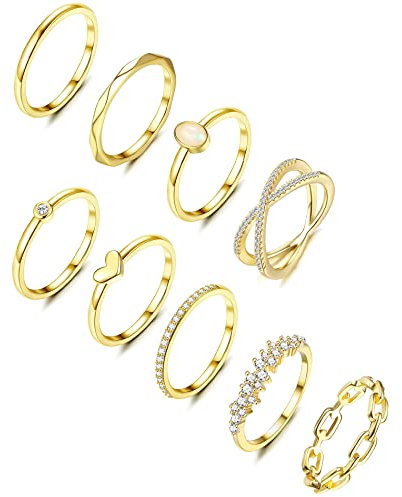 MILACOLATO 9Pcs Silber Gold Ring Set Für Damen Mädchen 14Karat Vergoldet Stapelbare Silberringe Knöchelringe CZ Herz Stapelband Ringe Einfacher Zierlicher Ehering Fingerring für Sie Frauen Größe 52-65