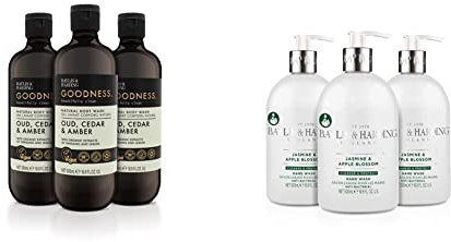 Baylis & Harding Goodness Oud, Cedar and Amber Body Wash, 500ml, (Pack of 3) - Vegan Friendly & Jasmine and Apple Blossom Anti-Bacterial Hand Wash, 500 ml (Pack of 3) - Vegan Friendly