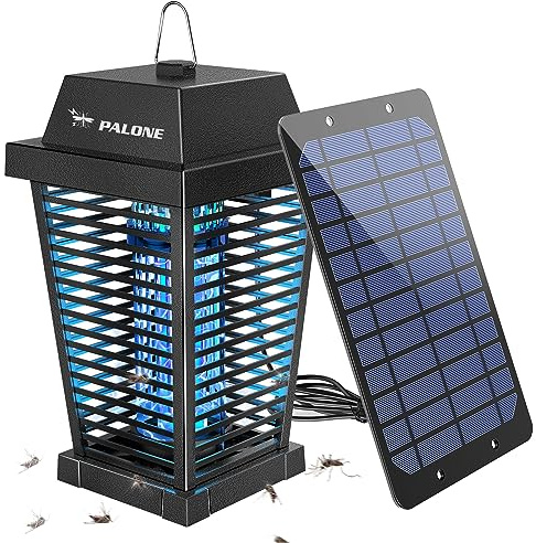 PALONE Antimosquitos Solar 4500V Lampara Antimosquitos Solar con 7,5W Panel Solar, Admite Carga USB-C o Solar, Segura, Ignífuga e Impermeable, Apta para Uso en Interiores y Exteriores