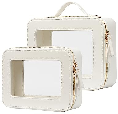 Popvibe Klar makeupväska toalettväska resa transparent sminkväska med dragkedja, bärbar sminkorganisatör resande kompakt bilväska för nödvändigheter, Vitt, Medium+Large, Klart läder sminkväska med