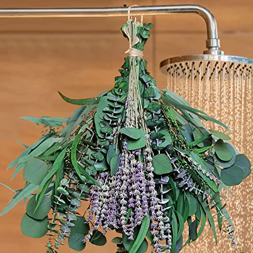 52 PCS Mix Dried Eucalyptus & Lavender Flowers Bundles for Shower, 17'' Natural Real Hanging Silver Dollar Eucalyptus Leaves Stems, Fragrance Fresh Plants