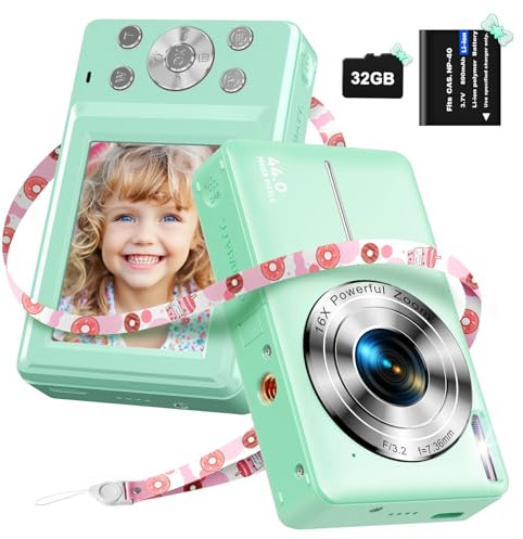 Appareil Photo Numérique avec Carte 32Go, 1080P Appareil Photo Enfant 44MP HD Appareil Photo Numérique Compact avec 16X Digital Zoom et 1 Batterie, Cadeau pour Garçons, Filles et Adolescents-Vert