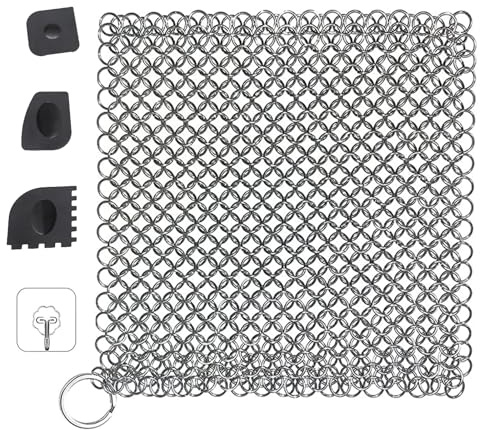 Nettoyeur en fonte en acier inoxydable, grattoir à chaîne en plastique robuste et crochets autocollants pour nettoyer les poêles en fonte ou les woks et plus encore, accessoires de four néerlandais