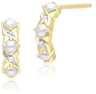 Pendientes de aro clásicos de estilo Art Nouveau con perlas y diamantes en oro amarillo de 9 quilates, Gema, Perla