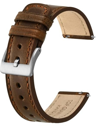 BISONSTRAP Correas de Reloj de Cuero, Cuero Encerado con Aceite Clásico, Correa de Repuesto de Liberación Rápida para Hombres y Mujeres, 20mm, Marrón Oscuro (Hebilla Plateada)