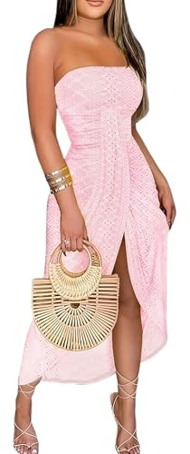 CHICME Women's Strapless Maxi Bodycon Dresses Wrap Asymmetrical Beach Maxi Long Dress Beach Sunset Dress Light Pink-L
