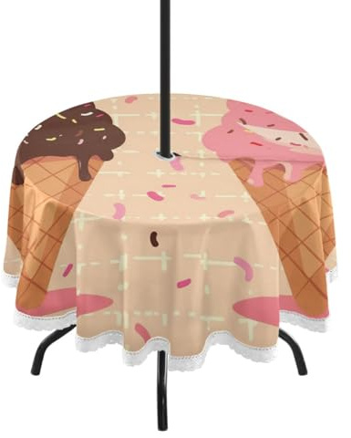 SKYSHU Tovaglia a forma di cono gelato per esterni, 152 cm, impermeabile, antimacchia, resistente alle pieghe, lavabile, con foro per ombrellone e cerniera, per patio, barbecue, cortile, vacanze