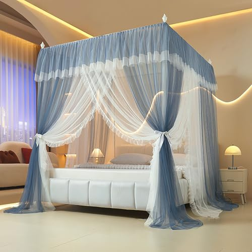 LUOZIQINX Prinzessin Moskitonetz Bett, LuxuriöSe Betthimmel aus Mesh & Stoff, Doppelschichtiges Baldachin für Die Schlafzimmerdekoration,Lake Blue,200x220x210cm