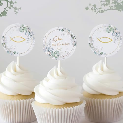 Cake Topper Konfirmation, 48 Stück Fisch Eukalyptus Cupcake Torte Deko, Perfekte Tortendeko für Jungen und Mädchen zur Konfirmation oder Taufe, Personalisierbare Muffin Deko, Ideale Geschenke