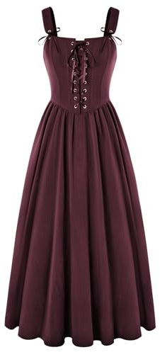 SCARLET DARKNESS Vestido de corsé renacentista sin mangas con cordones smocked medieval maxi vestido de mujer, borgoña, XL