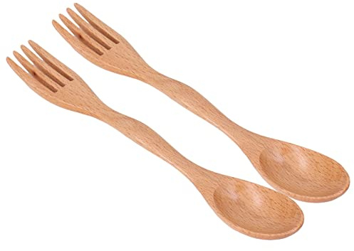 WPKD BLUEIY Set di 2 cucchiai e forchette in legno di faggio, doppio uso, posate in legno con manico lungo, posate in stile giapponese, ideali per dert, lunghezza 30 cm, finitura