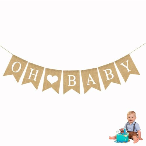 Babyparty Deko für Mädchen und Jungen, Oh Baby Girlande aus Leinen, Baby Shower Wimpelkette, Babyshowerparty Deko, Hängedeko für Babyparty, Gender Reveal Party, Tortendeko (Leinenfarben)