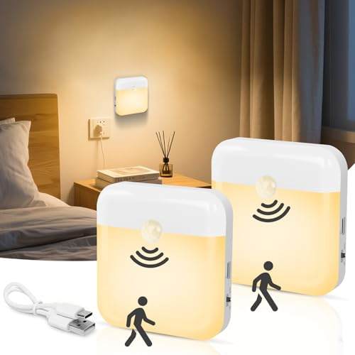 Nachtlicht mit Bewegungsmelder 2 Stück Aufladbar Typ-C LED Nachtlicht | Nachtlicht Aufladbar Auto Ein/Aus Magnetische Nachtlampe für Kinderzimmer Gang Küche, Warmweiß