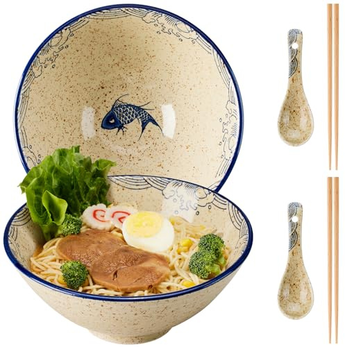 hengshukeji Japanese Ramen Bowl Set 2PCS, 40oz Large Ceramic Noodle Bowls with Chopsticks and Spoons for Pho, Udon, Rice, Pasta – Microwave & Dishwasher Safe (Carp Set (2 pieces))