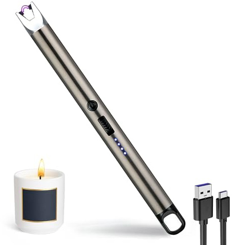 JIEYUCHU Lichtbogen Feuerzeug Elektrisch, Stabfeuerzeug USB Aufladbar mit LED Display, Winddicht und Flammenlos für Kerzen, Camping, Gasherd, Party (B-Schwarznickel)
