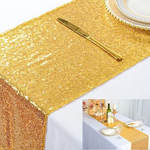 ShinyBeauty Sequin Table Runner 12 x 108 Gold Sequin Tablecloth Wholesale Sequin Table Runners (Gold)