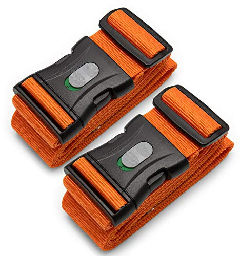 BE-HOLD, 2 Stück Kofferband, Koffergurt, Gepäckgurt extra lang (250 x 5 cm) mit verschließbarer Schnalle schützt Ihren wertvollen Gepäckinhalt vor Verlust (Farbe orange)