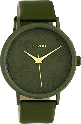 Oozoo Damenuhr mit Lederband 42 MM Colours of Summer Palmen Zifferblatt Unicolor Dunkelgrün C10173