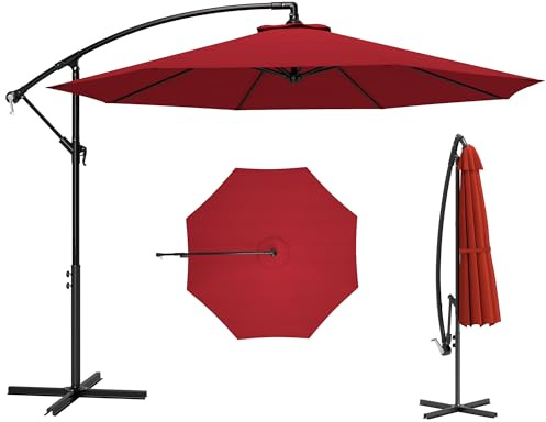 Outsunny 3(m) Garden Banana Parasol Hanging Cantilever Umbrella with Crank Handle, 8 Ribs and Cross Base for Outdoor, Sun Shade, Wine Red