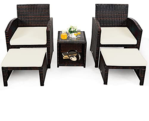 COSTWAY Rattan Gartenmöbel Set, Balkonmöbel, Balkonset inkl. 2 Stühle mit Kissen, Hocker & Tisch, Terrassenmöbel, Gartengarnitur, Sitzgruppe für Garten, Balkon, Terrasse (Weiß)