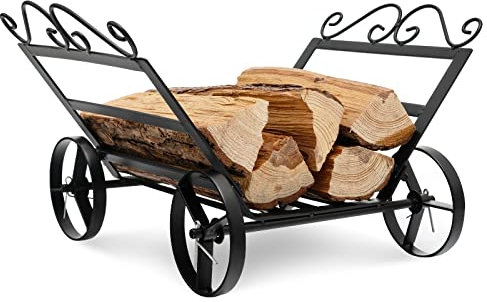 COSTWAY Estante de Leña, Acero Inoxidable con 4 Ruedas, 48 x 41 x 28 cm, Soporte de Leña, Aspecto Elegante, Leñero Interior y Exterior, hasta 50 kg, Ideal para Chimenea, Hogar, negro