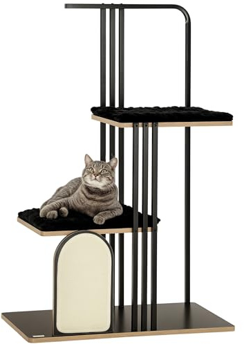 PawHut rascador 128 cm árbol para gatos con cojín árbol para trepar con rascador, rascador para gatos con 2 plataformas, muebles para gatos, acero, negro