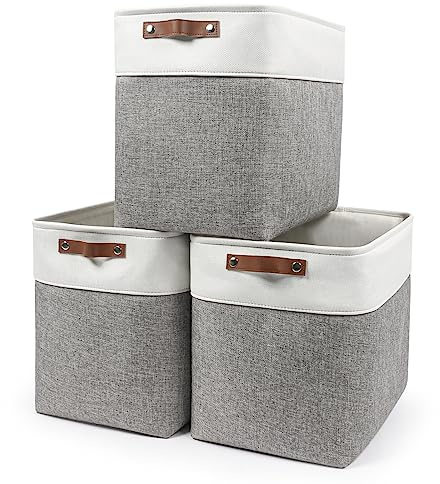 Bagnizer Large Fabric Storage Baskets | 50L Storage Bins, Decorative Linen Closet Baskets with Handles for Organizing, Shelf, Toys, Clothes, Home, Office, Nursery, 17x12x15Inches (Grey&White)