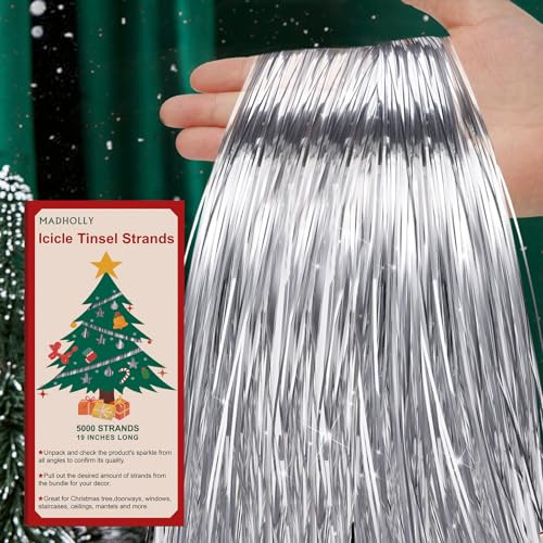 Tinsel Icicles- 5000 Strands 19 Icicle Tinsel Strands for Christmas Tree- Shiny Foil Fringes Tinsel Christmas Tree Decorations for Xmas Tree Holiday Decor Birthday Wedding Party Supplies, Silver