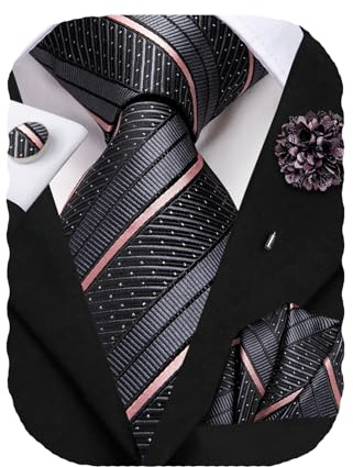 Hi-Tie - Set di cravatta in seta per uomo, con fazzoletto da taschino e gemelli, spilla per revers, per matrimonio e lavoro, M