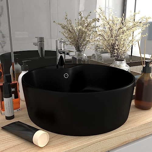 Lavabo de Sobremesa, Cerámica Negro Mate con Rebosadero, Diseño Redondo Moderno para Baño, Aseo o Tocador, Incluye Orificio para Grifería, Diámetro 36x13 cm