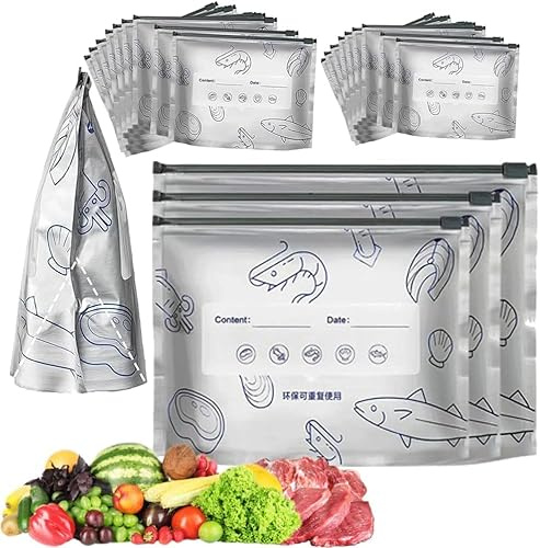 Bolsas enfriadoras de papel de aluminio resellables, carne congelada, frescura de larga duración, almacenamiento de alimentos, bolsas de alimentos sellables con etiqueta y bolsas de refrigeración con