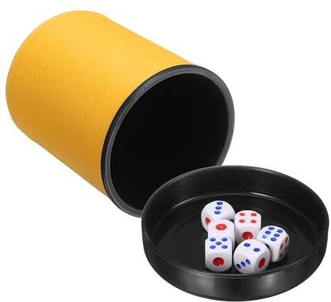 sourcing map Professional Dice Cup, PU Leather Shaker Cups with Lid Includes 6 Dot Dice for Bar Gatherings Party Board Games, Yellow