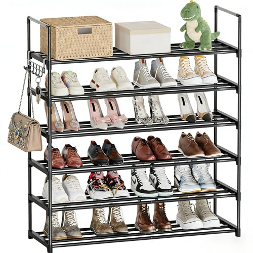 Orgahome Schuhregal 6 Ebenen, Metall Schuhständer, Schuhaufbewahrung, Schuh-Organizer, platzsparend, für bis zu 24-30 Paar Schuhe, stapelbar, Flur, schwarz