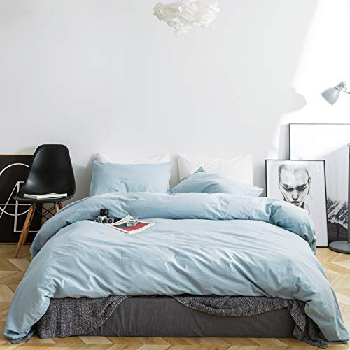 SUSYBAO 100% Washed Cotton Duvet Cover King 3 Pieces Set 1 Farmhouse Light Blue Duvet Cover with Zipper Ties 2 Pillowcases Vintage Shabby Chic Baby Blue Bedding Set Soft Comfortable