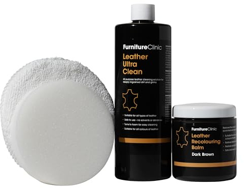 Furniture Clinic Easy Leather Restoration Kit (Dark Brown) | Includes Recolouring Balm, Ultra Clean, Sponge & Cloth for Furniture, Car Seats, Shoes & Bags