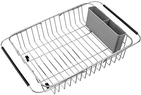 iPEGTOP Expandable Dish Drying Rack with Grey Cutlery Utensil Holder, Kitchen in Sink, On Counter, Or Over The Sink Dish Drainer, Rustproof Stainless Steel