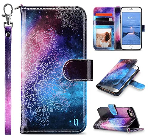 ULAK Fodral för iPhone SE 2022/2020, iPhone 8, iPhone 7, plånboksfodral i PU-läder med stativ och korthållare, flipfodral, stöttåligt skyddsfodral med handrem för iPhone 7/8/SE 2:a och 3:e generationen, 4,7 tum (mandala)