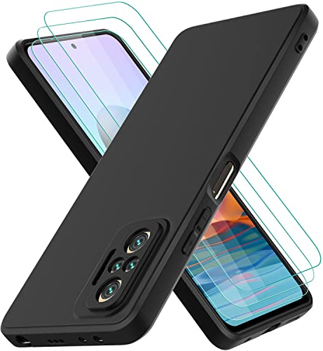 Oureidoo Funda para Xiaomi Redmi Note 10 Pro con 3 Unidades Cristal Templado, Carcasa de Sedoso-Tacto Suave Silicona Líquida, Cubierta a Prueba de Golpes con Forro de Microfibra, Negro