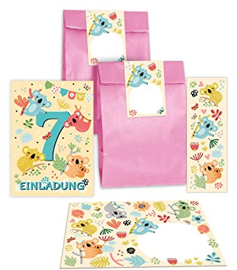 Junapack 12 Einladungskarten zum 7. Kindergeburtstag siebte Geburtstag Mädchen Jungen Koala incl. 12 Umschläge, 12 Tüten/rosa, 12 Aufkleber, 12 Lesezeichen