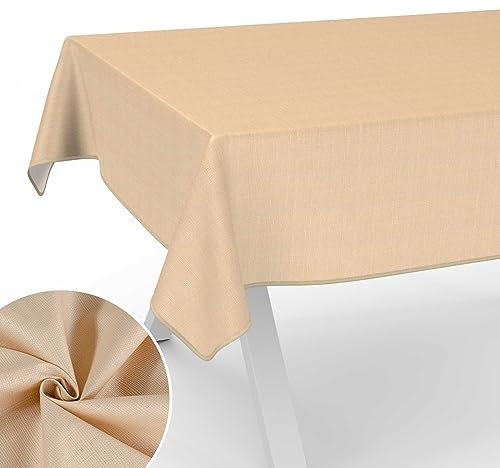 Stoff Tischdecke Textil Tischwäsche Tischtuch Baumwolle Polyester abwaschbar Uni Ornament Damast Jacquard Gewebe waschbar Beige 220x140cm mit Saum (Eingefasst)