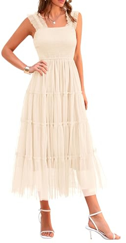PRETTYGARDEN Women's Summer Midi Tulle Dress Sleeveless Smocked Square Neck Ruffle Flowy Party Wedding Guest Sundress (Beige,Small)