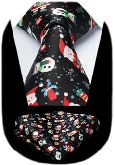 HISDERN Corbata Hombre Negro de Santa Patrón Festivo Conjunto Corbata y Pañuelo de Bolsillo Xmas Muñeco De Nieve Fiesta