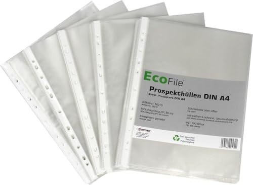 Prospekthüllen A4 PCR‑PP 80my genarbt mit Eurolochung 100Stk | 80 my starke PCR‑PP‑Folie aus recycelten Endkundenabfällen, genarbt, fotoecht und abheftbar