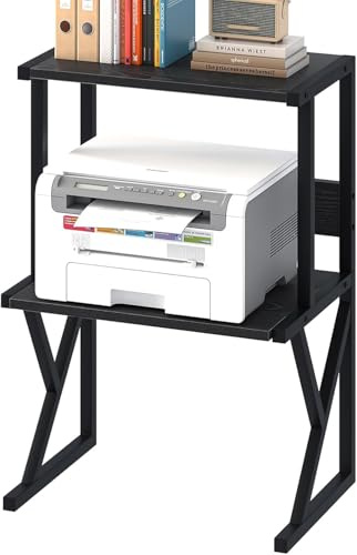 3 Tier Desktop Printer Stand, Printer Table, Home Office Tabletop Storage Organizer Shelf, Multi-Purpose Desktop Storage and Organize, Wood PrinterStand for Scanner Fax Machine Microwave Oven (Black)